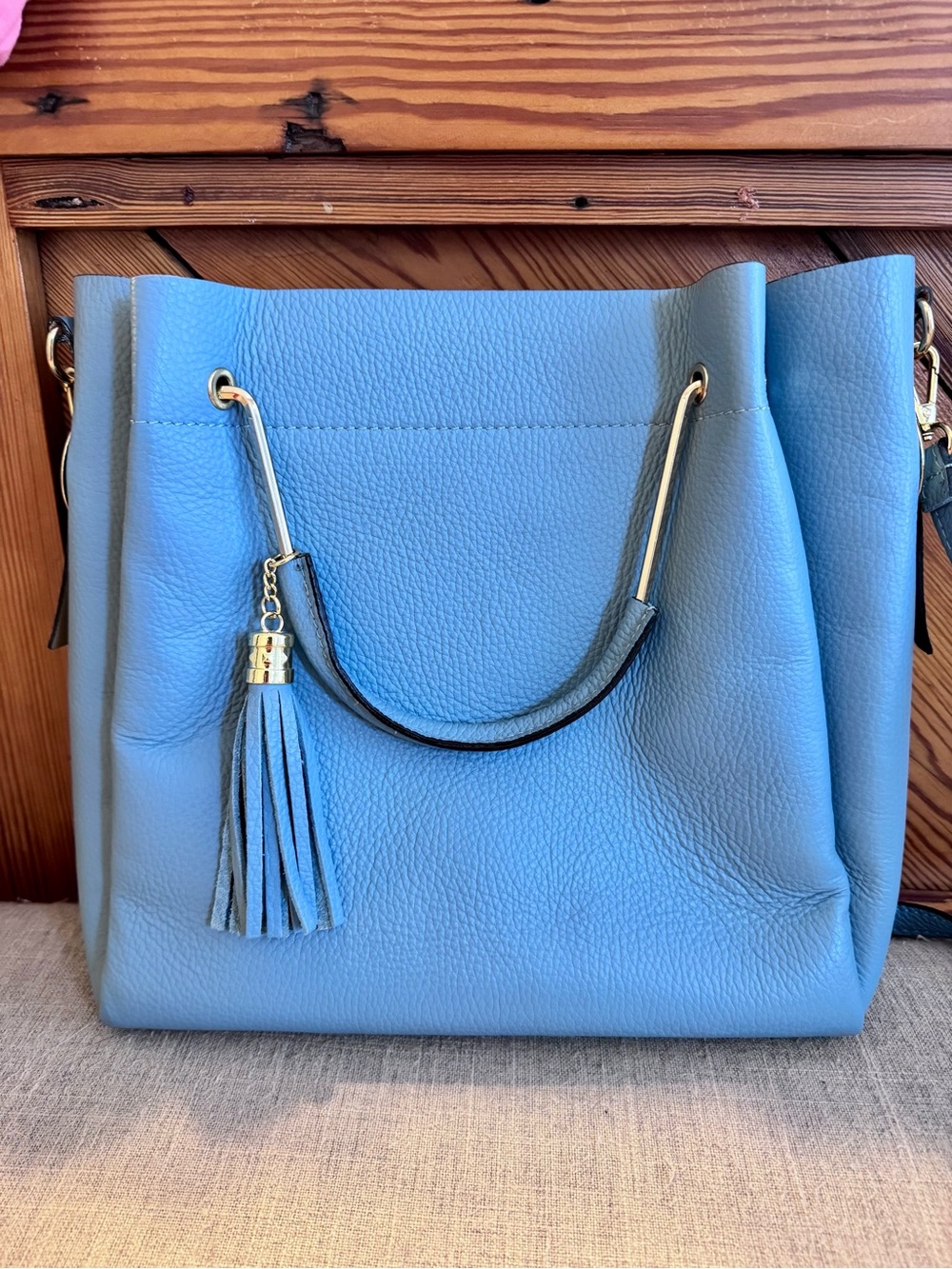 Italian Blue Leather Tassel Tote Bag - Women's Shoulder Handbag
